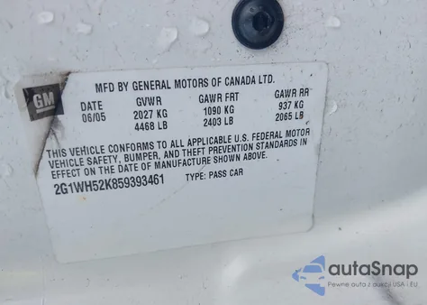 2005 Chevrolet Impala Ls z USA, uszkodzony, nr VIN 2G1WH52K859393461